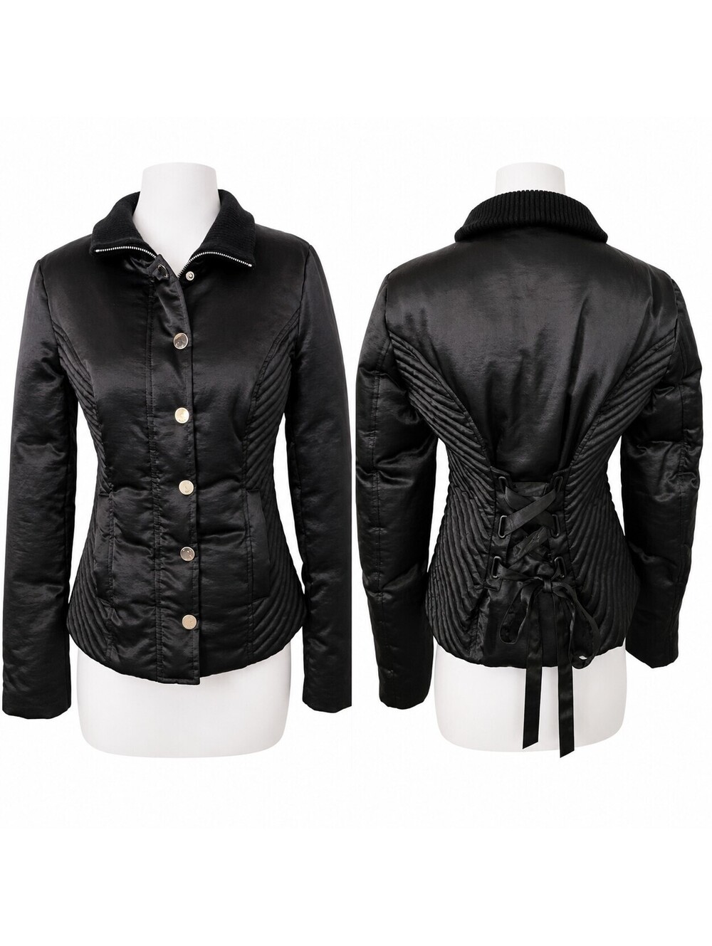 Bebe Black Satin Corset Lace-up Back Fitted Moto Puffer Jacket Med Y2K Goth